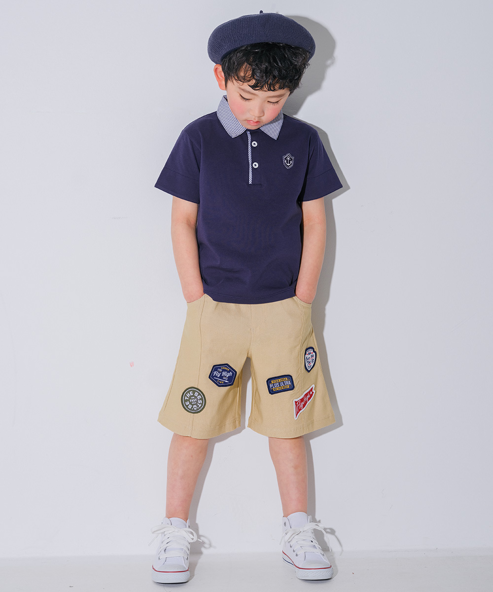 ベビー服 男の子 綿100％ 子ども服 こども キッズ ジュニア コットン ストライプ 襟付き　ロゴワッペン　ティーシャツ オフホワイト(11) デザインポイント1