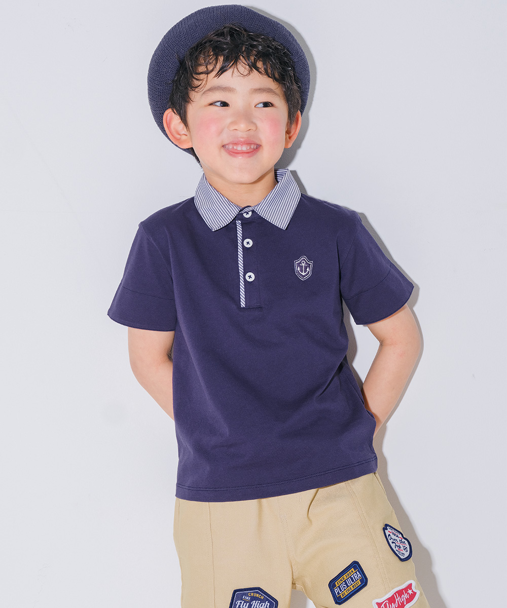 ベビー服 男の子 綿100％ 子ども服 こども キッズ ジュニア コットン ストライプ 襟付き　ロゴワッペン　ティーシャツ オフホワイト(11) デザインポイント2
