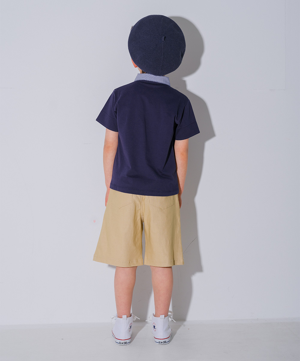 ベビー服 男の子 綿100％ 子ども服 こども キッズ ジュニア コットン ストライプ 襟付き　ロゴワッペン　ティーシャツ オフホワイト(11) モデル画像アップ