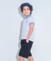ベビー服 男の子 綿100％ 子ども服 こども キッズ ジュニア コットン ストライプ 襟付き　ロゴワッペン　ティーシャツ オフホワイト(11) モデル画像全身
