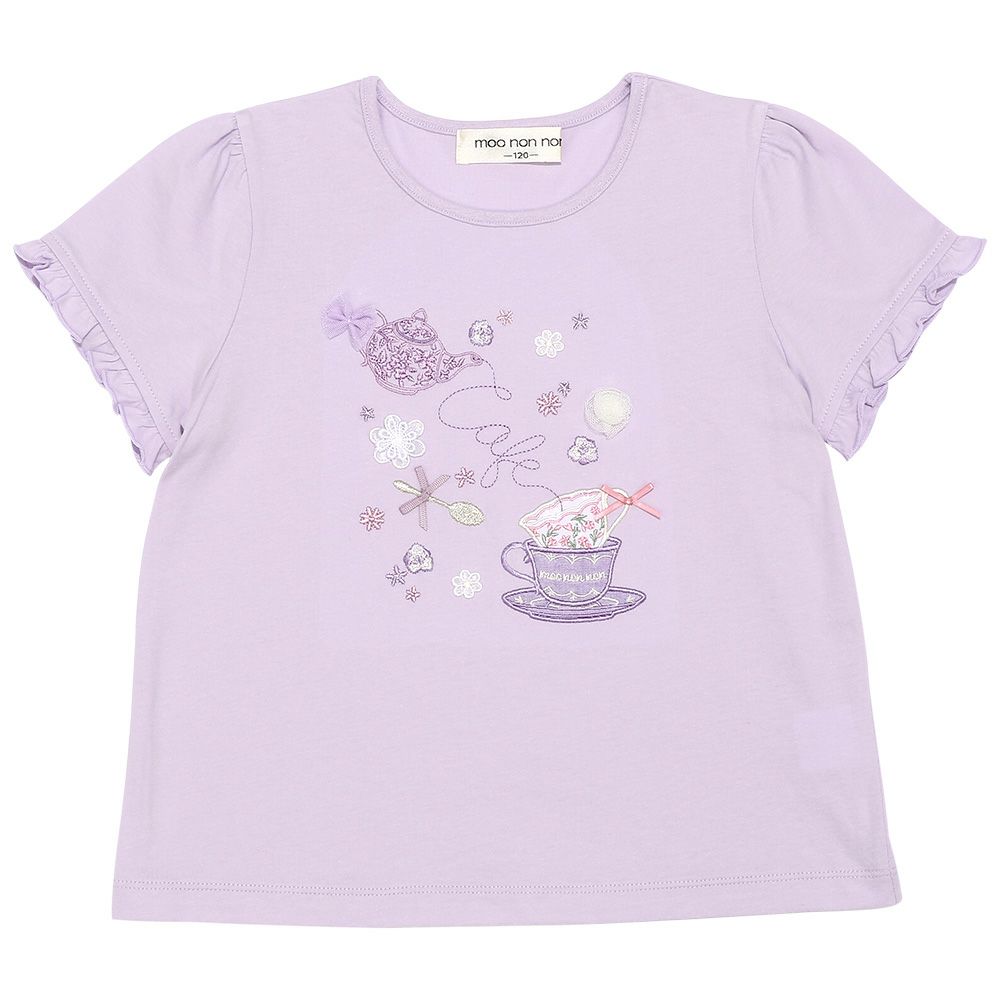 ベビー服 女の子 綿100％ ティーカップ刺繍 Tシャツ パープル(91) 正面