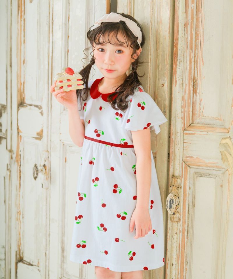 ボンポワン　子供用長袖ネイビーワンピース　8a 美品。さくらんぼ柄 ボンポワン 子供用長袖ネイビーワンピース 8a 美品。さくらんぼ
