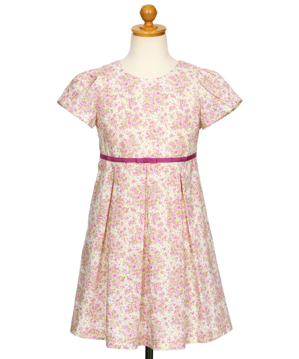 ベビー服 女の子 日本製 綿100％ 小花柄 リボン付き ワンピース ピンク(02) トルソー正面