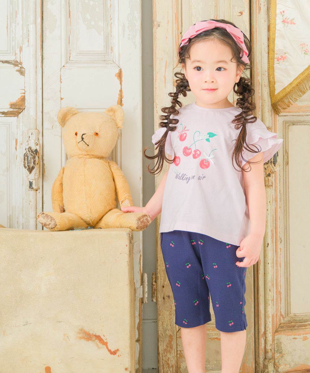 ベビー服 女の子 子ども服 こども キッズ 赤ちゃん 小学生 綿100％ コットン さくらんぼ チェリー プリント フリル ピンク(02) モデル画像全身