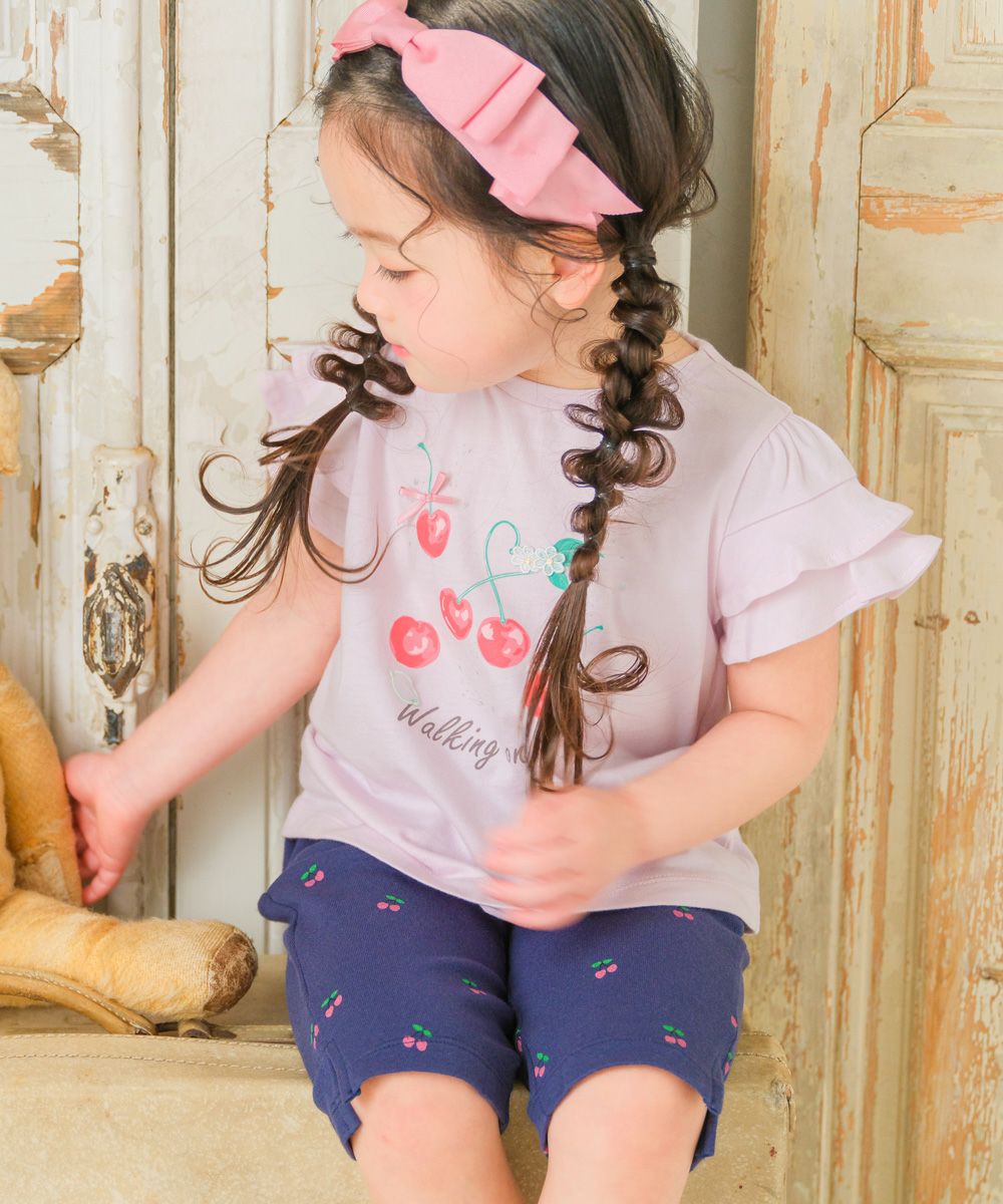 ベビー服 女の子 子ども服 こども キッズ 赤ちゃん 小学生 綿100％ コットン さくらんぼ チェリー プリント フリル ピンク(02) モデル画像3
