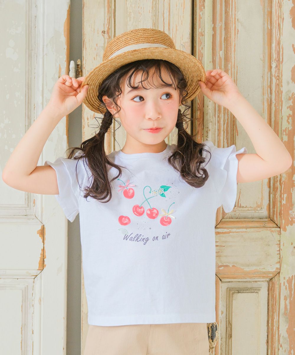 ベビー服 女の子 子ども服 こども キッズ 赤ちゃん 小学生 綿100％ コットン さくらんぼ チェリー プリント フリル オフホワイト(11) モデル画像アップ