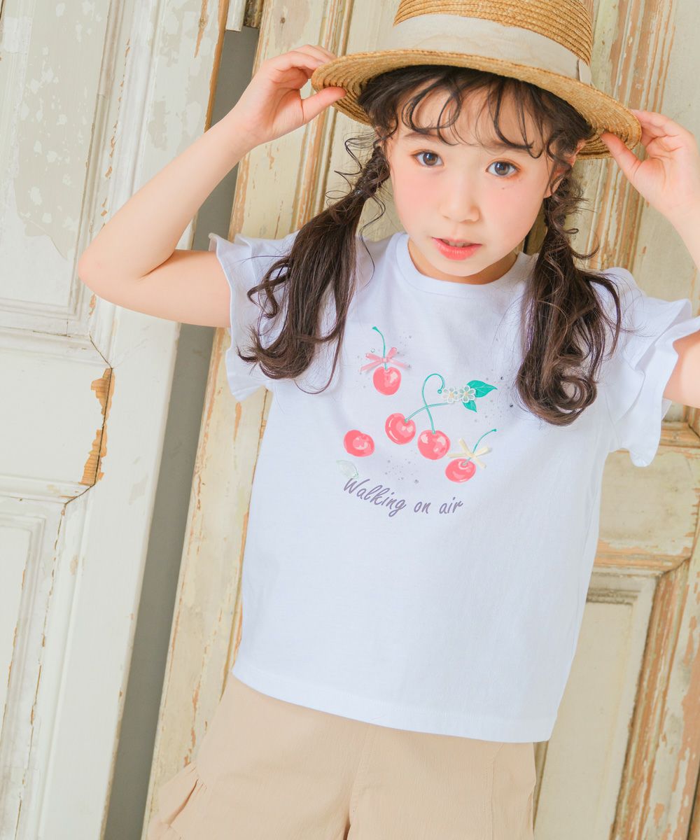 ベビー服 女の子 子ども服 こども キッズ 赤ちゃん 小学生 綿100％ コットン さくらんぼ チェリー プリント フリル オフホワイト(11) モデル画像1