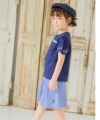 子供服 女の子 ストライプ柄 ボタン ウエストゴム 音符 刺繍 キュロットパンツ ブルー(61) モデル画像全身