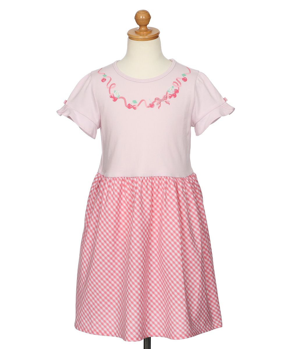 ベビー服 女の子 さくらんぼ柄 リボン付き ギンガムチェック  ドッキングワンピース ピンク(02) トルソー正面