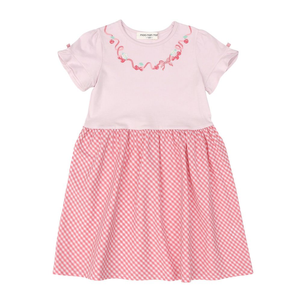 ベビー服 女の子 さくらんぼ柄 リボン付き ギンガムチェック  ドッキングワンピース ピンク(02) 正面