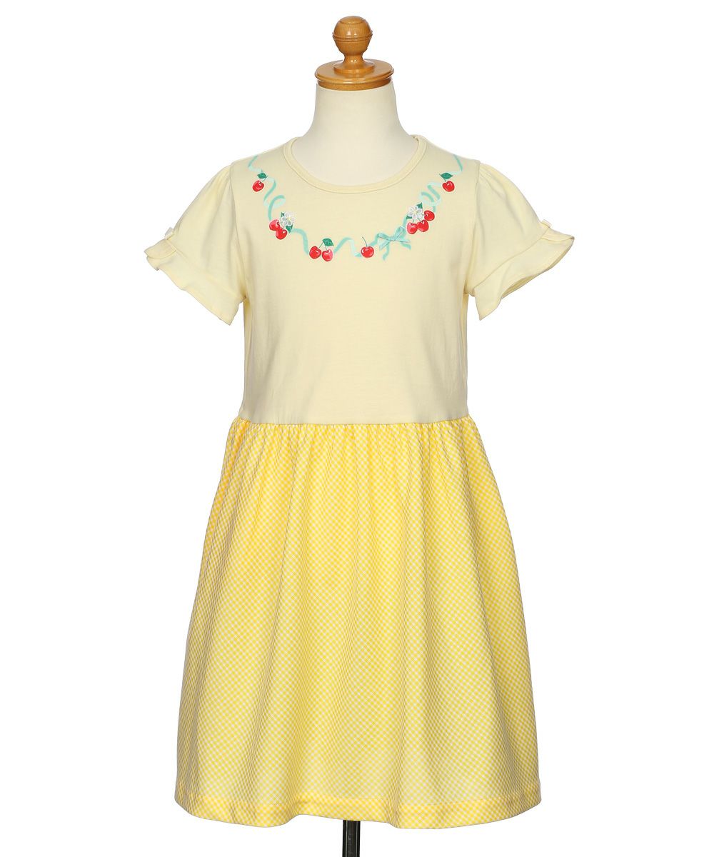 ベビー服 女の子 さくらんぼ柄 リボン付き ギンガムチェック  ドッキングワンピース イエロー(04) トルソー正面
