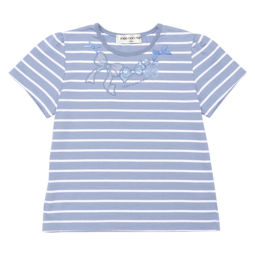 ベビー服 女の子 綿100％ リボン 刺? ボーダー Tシャツ ブルー(61) 正面
