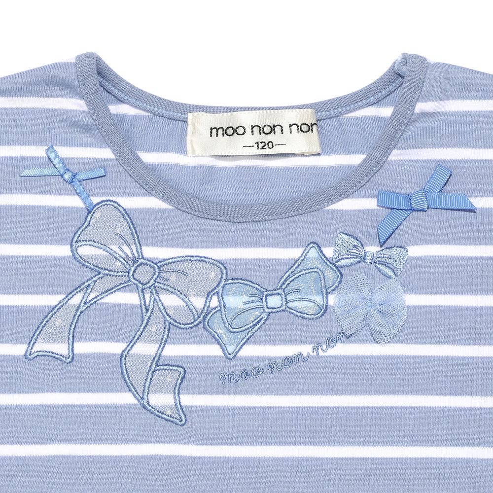 ベビー服 女の子 綿100％ リボン 刺? ボーダー Tシャツ ブルー(61) デザインポイント1