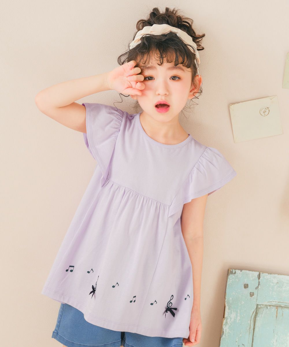 子供服 女の子 綿100％ 音符 リボン付き Aライン Tシャツ パープル(91) モデル画像アップ