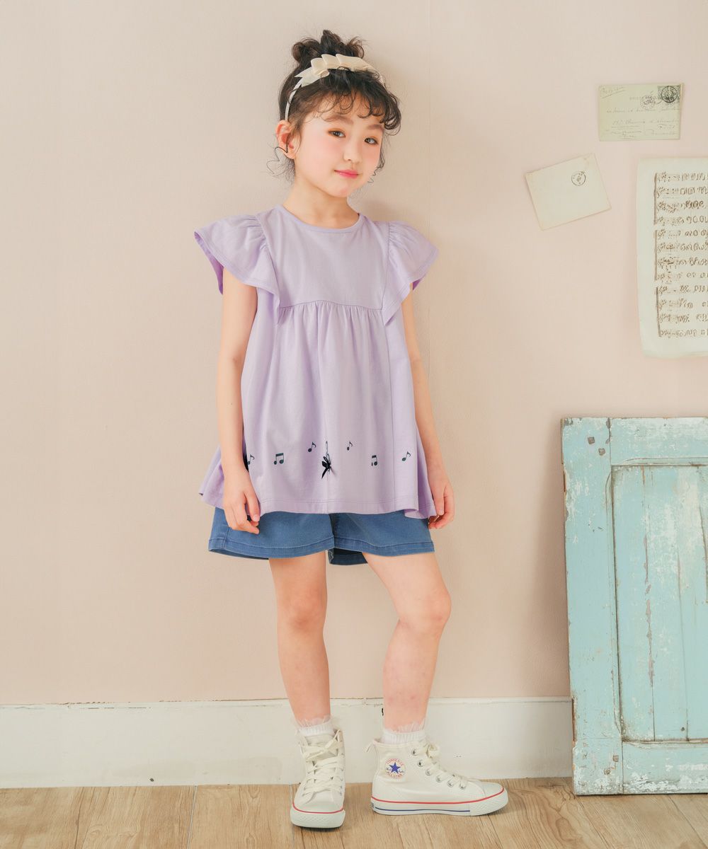 子供服 女の子 綿100％ 音符 リボン付き Aライン Tシャツ パープル(91) モデル画像全身