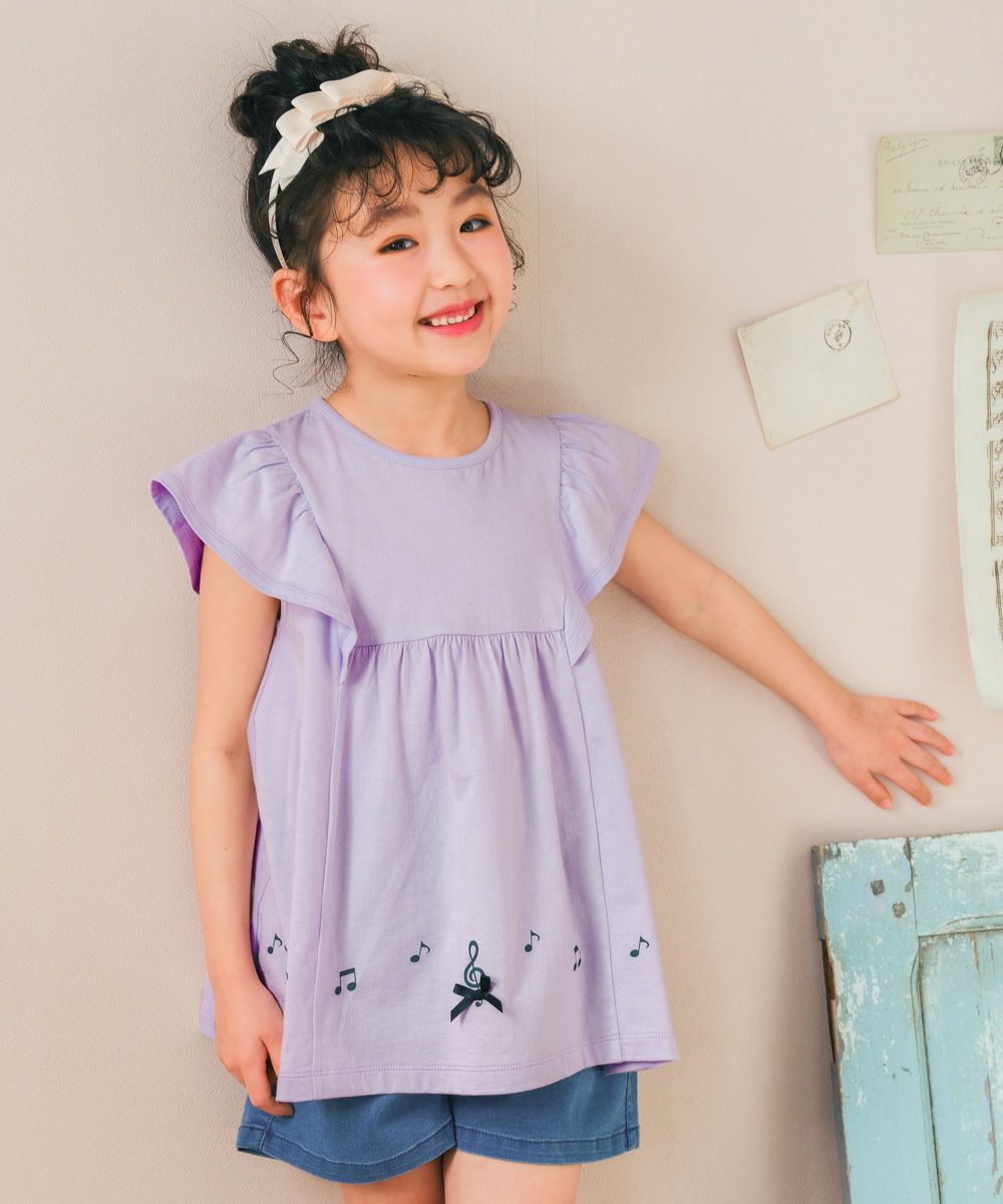 子供服 女の子 綿100％ 音符 リボン付き Aライン Tシャツ パープル(91) モデル画像1