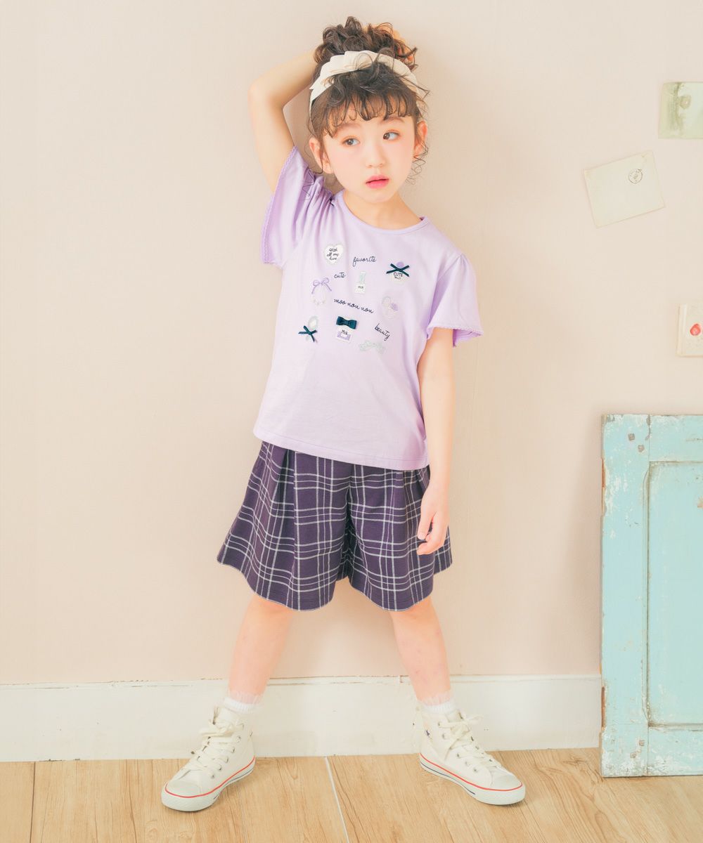 ベビー服 女の子 綿100％ リボン付き キラキラ プリント Tシャツ パープル(91) モデル画像1