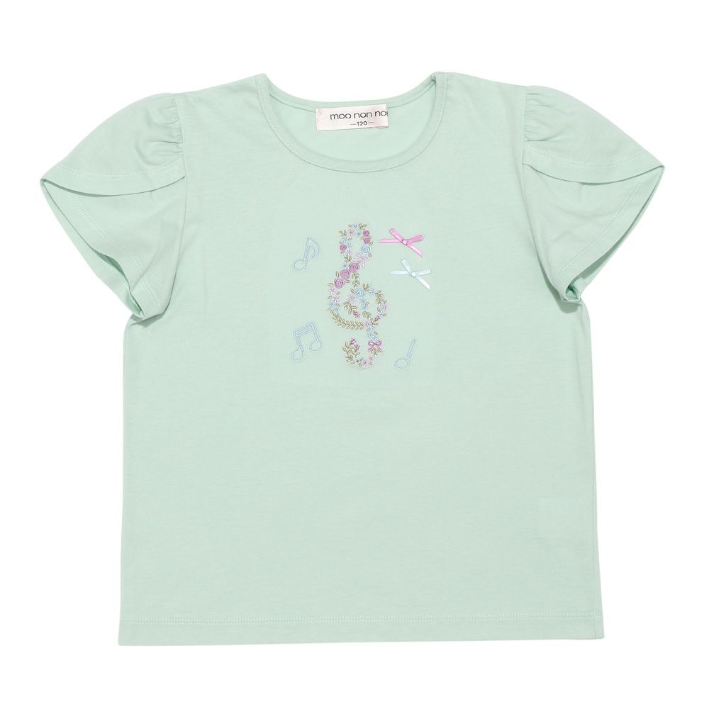 ベビー服 女の子 綿100% 音符 リボン付き チューリップ袖 Tシャツ グリーン(08) 正面