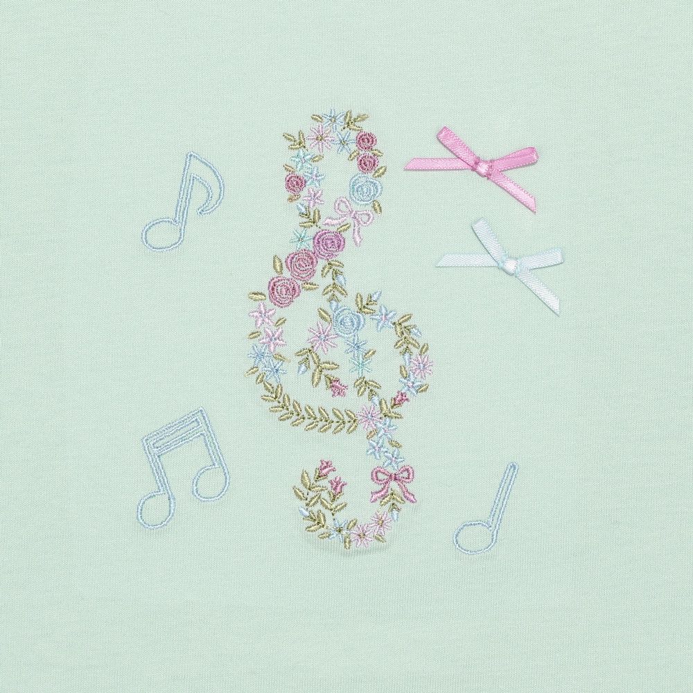 ベビー服 女の子 綿100% 音符 リボン付き チューリップ袖 Tシャツ グリーン(08) デザインポイント1