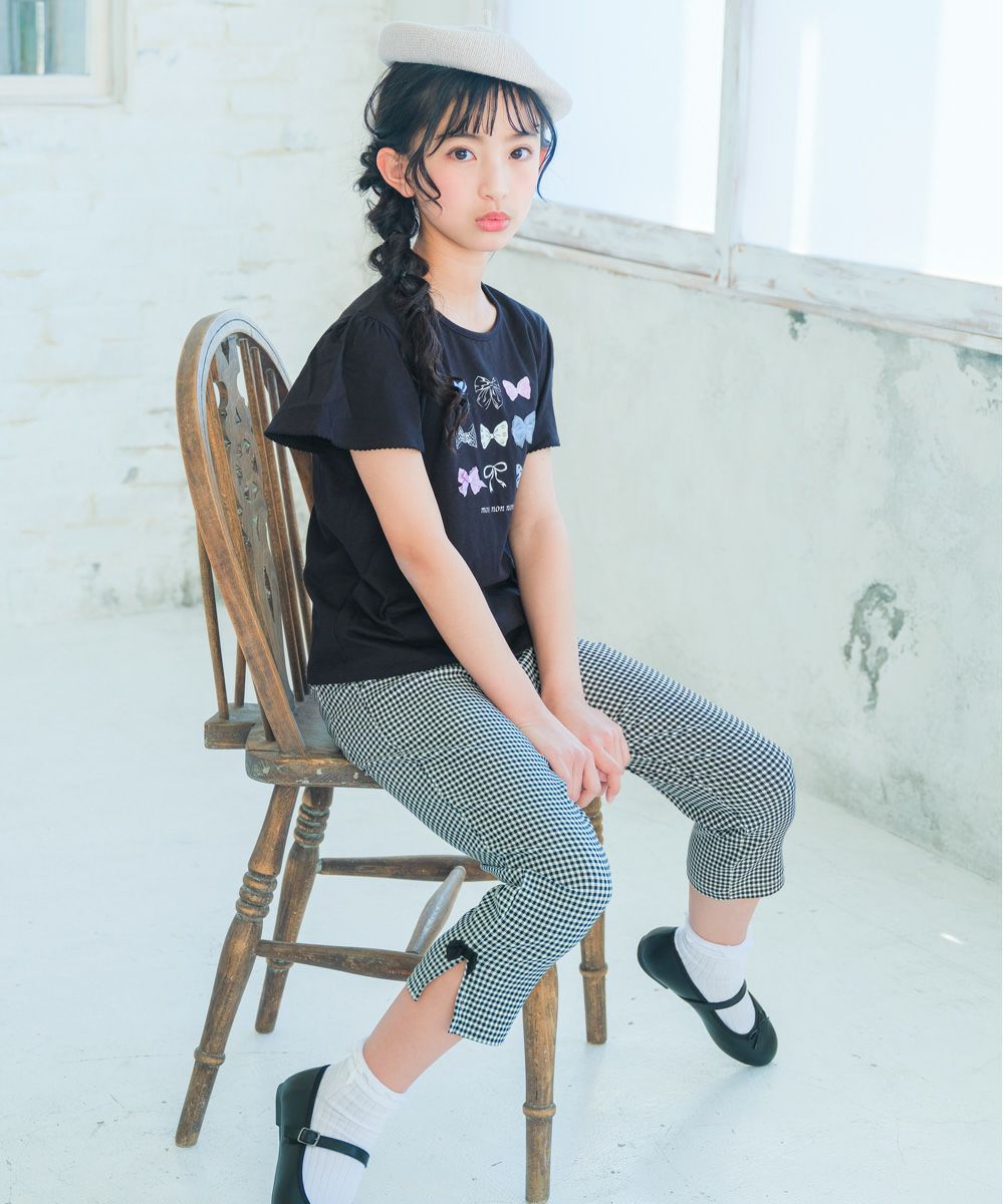 子供服 女の子 ストレッチ素材 ギンガムチェック柄 ７分丈パンツ ホワイト×ブラック(10) カプリパンツ