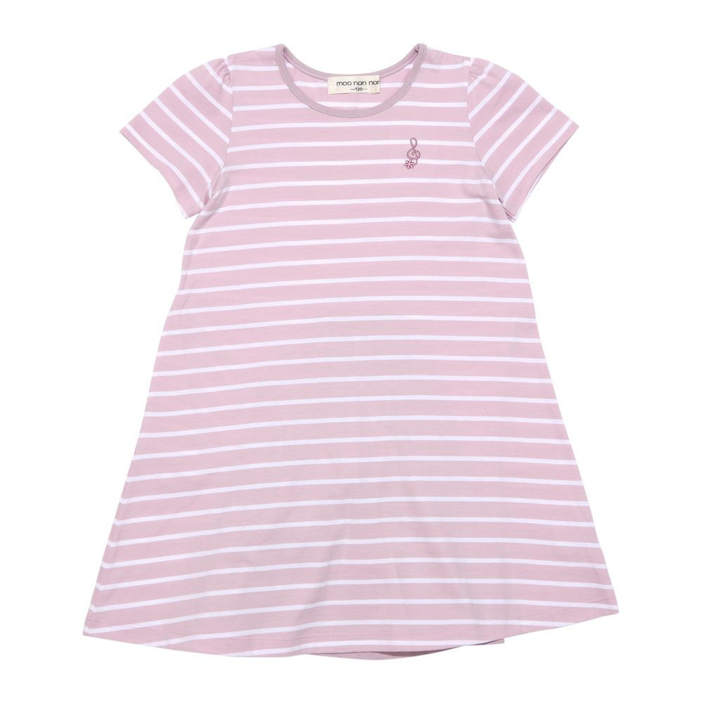 ベビー服 女の子 リボン付 Aライン ボーダー ワンピース ピンク(02) 正面