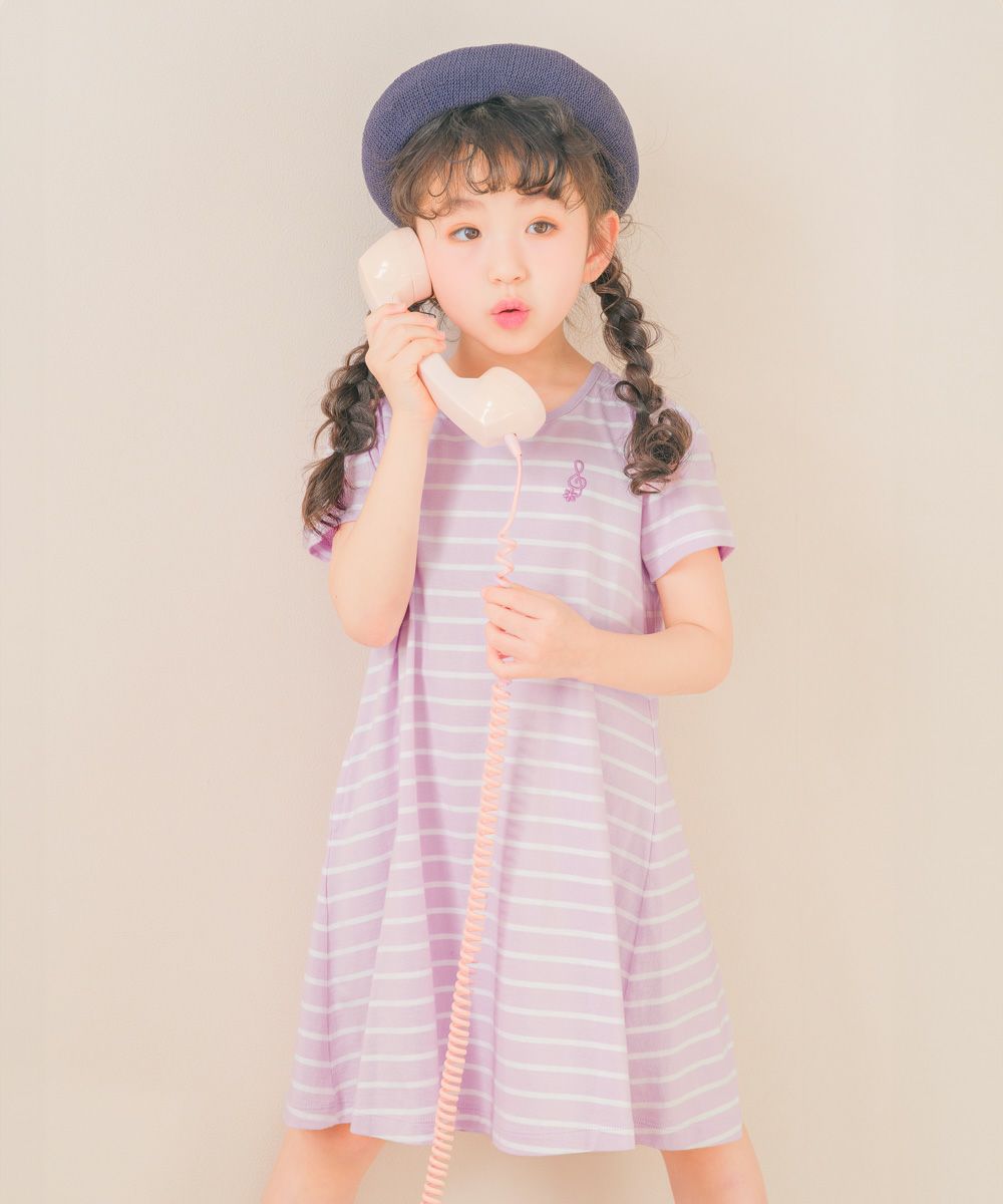 ベビー服 女の子 リボン付 Aライン ボーダー ワンピース ピンク(02) モデル画像1