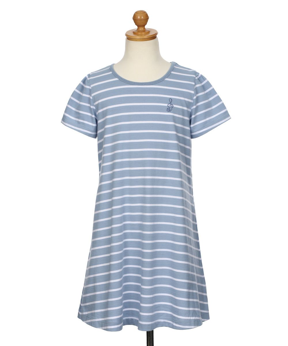 ベビー服 女の子 リボン付 Aライン ボーダー ワンピース ブルー(61) トルソー正面