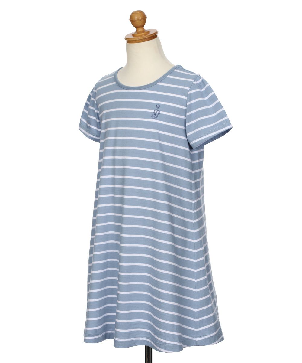 ベビー服 女の子 リボン付 Aライン ボーダー ワンピース ブルー(61) トルソー斜め