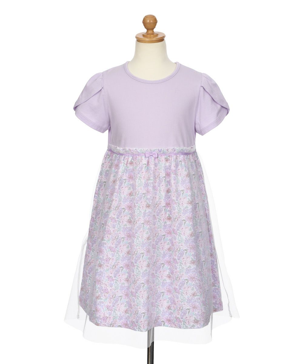 ベビー服 女の子 花柄 チュール ドッキングワンピース パープル(91) トルソー正面