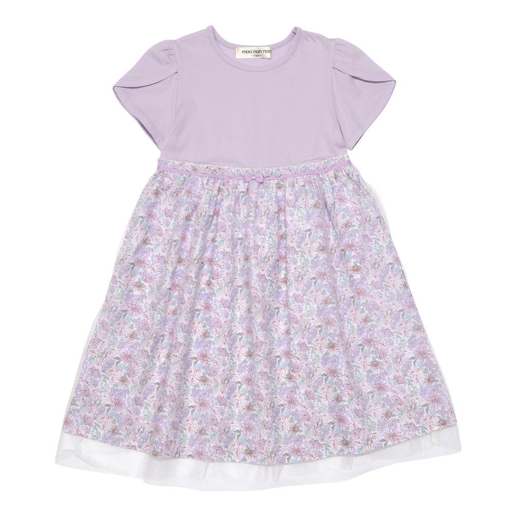 ベビー服 女の子 花柄 チュール ドッキングワンピース パープル(91) 正面