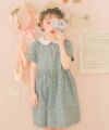 子供服 女の子 花柄 ギャザー 襟付き ワンピース グリーン(08) モデル画像1