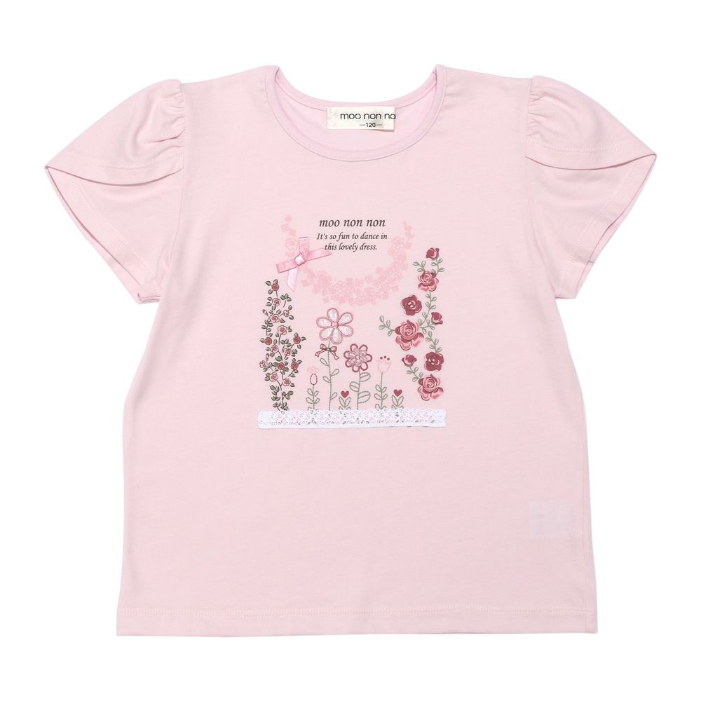 ベビー服 女の子 綿100％ お花 プリント チューリップ袖 Tシャツ ピンク(02) 正面