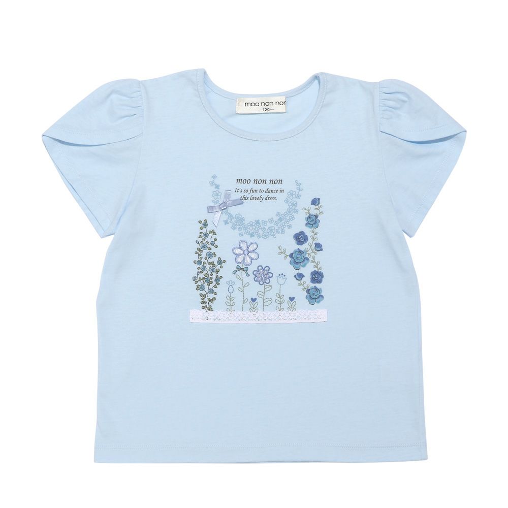 ベビー服 女の子 綿100％ お花 プリント チューリップ袖 Tシャツ ブルー(61) 正面