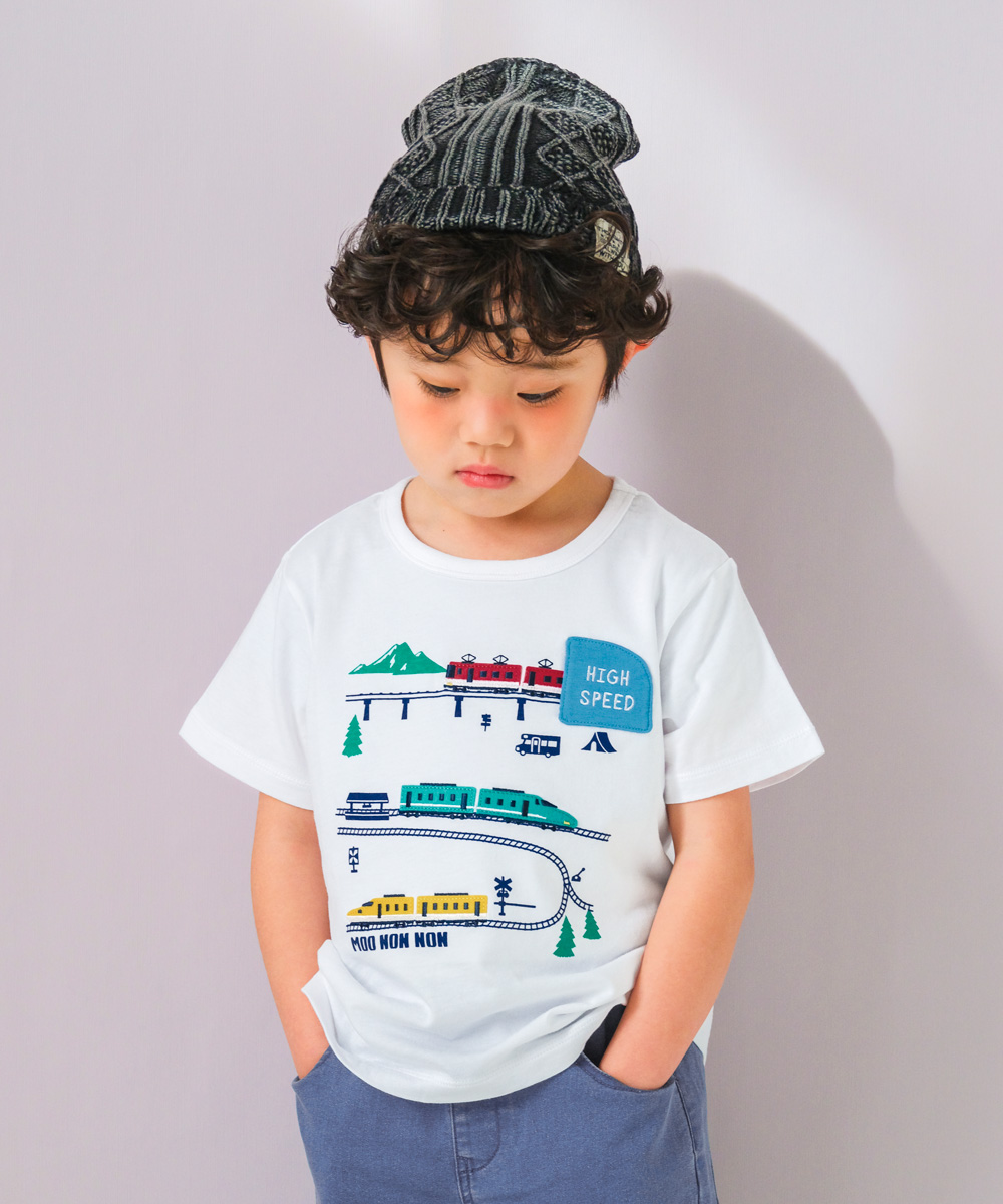 送料無料】綿100％ 電車＆トンネル ワッペン Tシャツ｜ベビー・子供服  