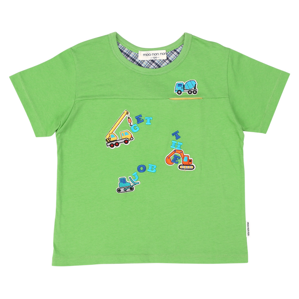 ベビー服 男の子 働く車 刺繍ワッペン Tシャツ グリーン(08) 正面