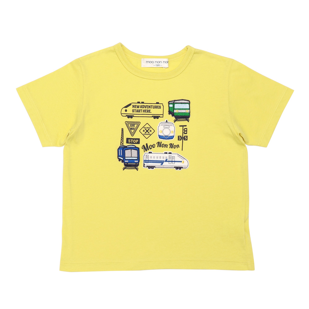 ベビー服 男の子 綿100％ 電車 乗り物 刺繍ワッペン Tシャツ イエロー(04) 正面