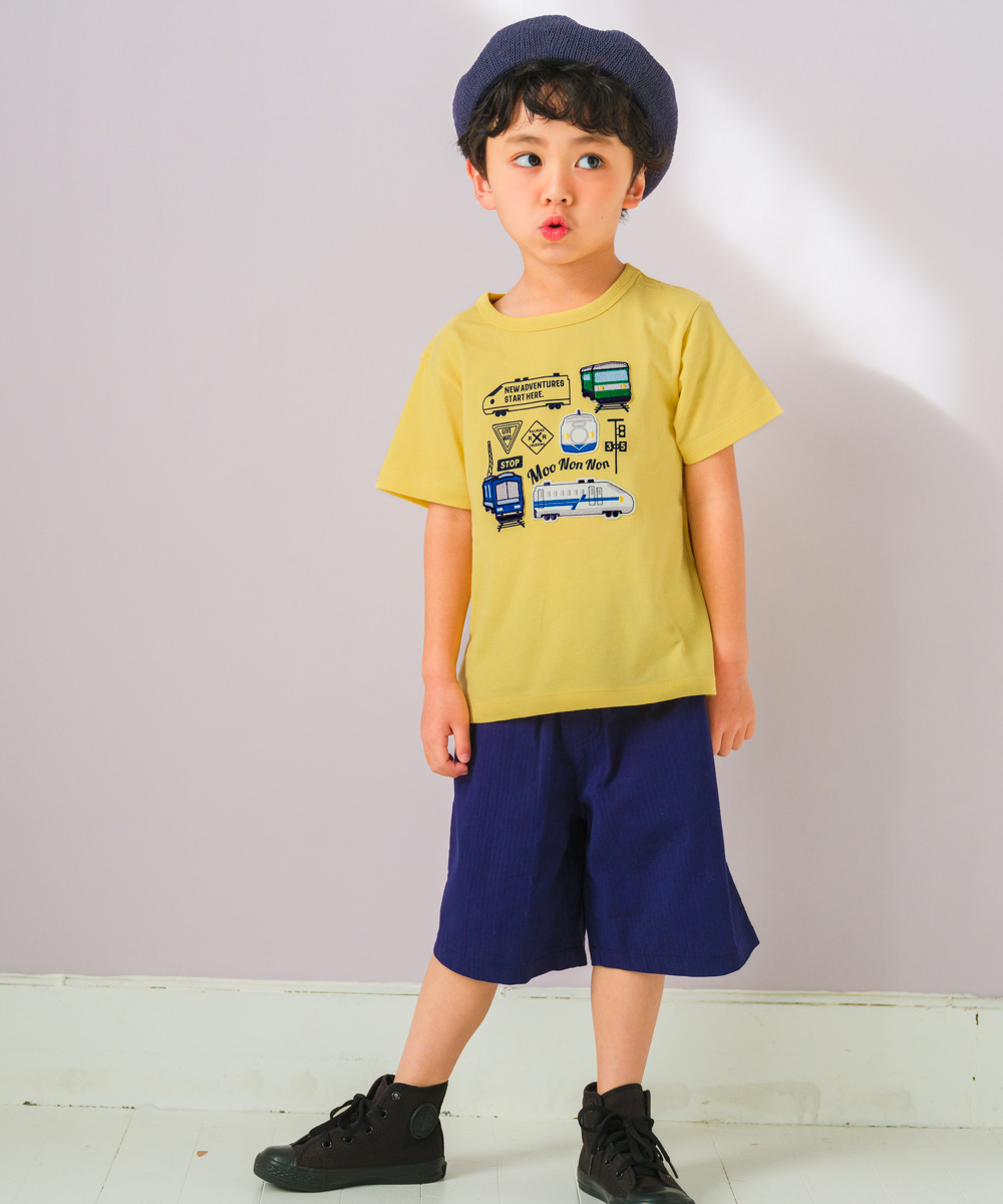 ベビー服 男の子 綿100％ 電車 乗り物 刺繍ワッペン Tシャツ イエロー(04) モデル画像アップ