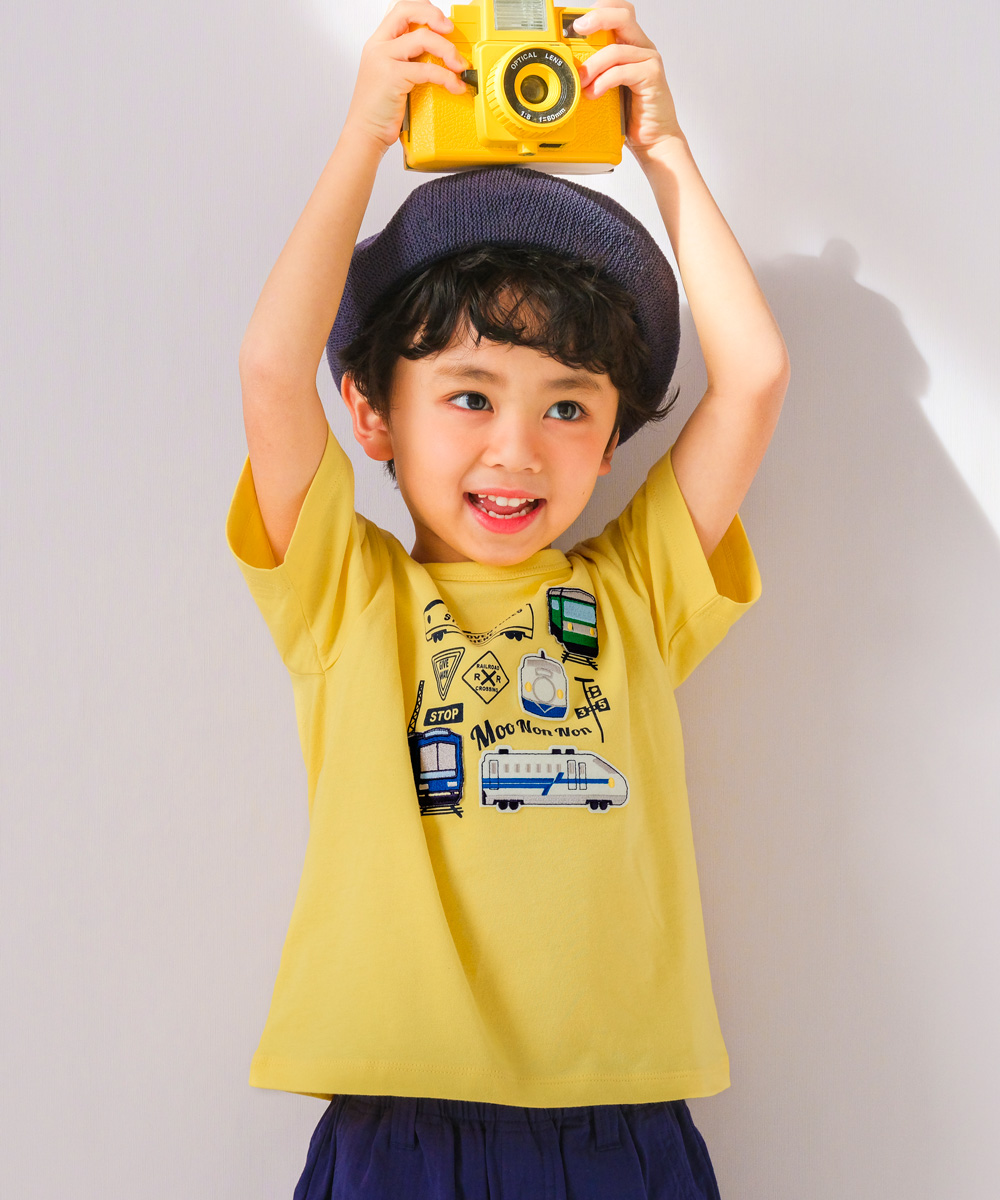 ベビー服 男の子 綿100％ 電車 乗り物 刺繍ワッペン Tシャツ イエロー(04) モデル画像1