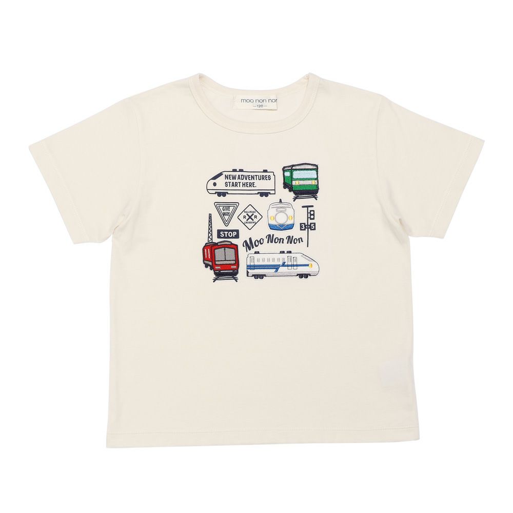 ベビー服 男の子 綿100％ 電車 乗り物 刺繍ワッペン Tシャツ アイボリー(12) 正面