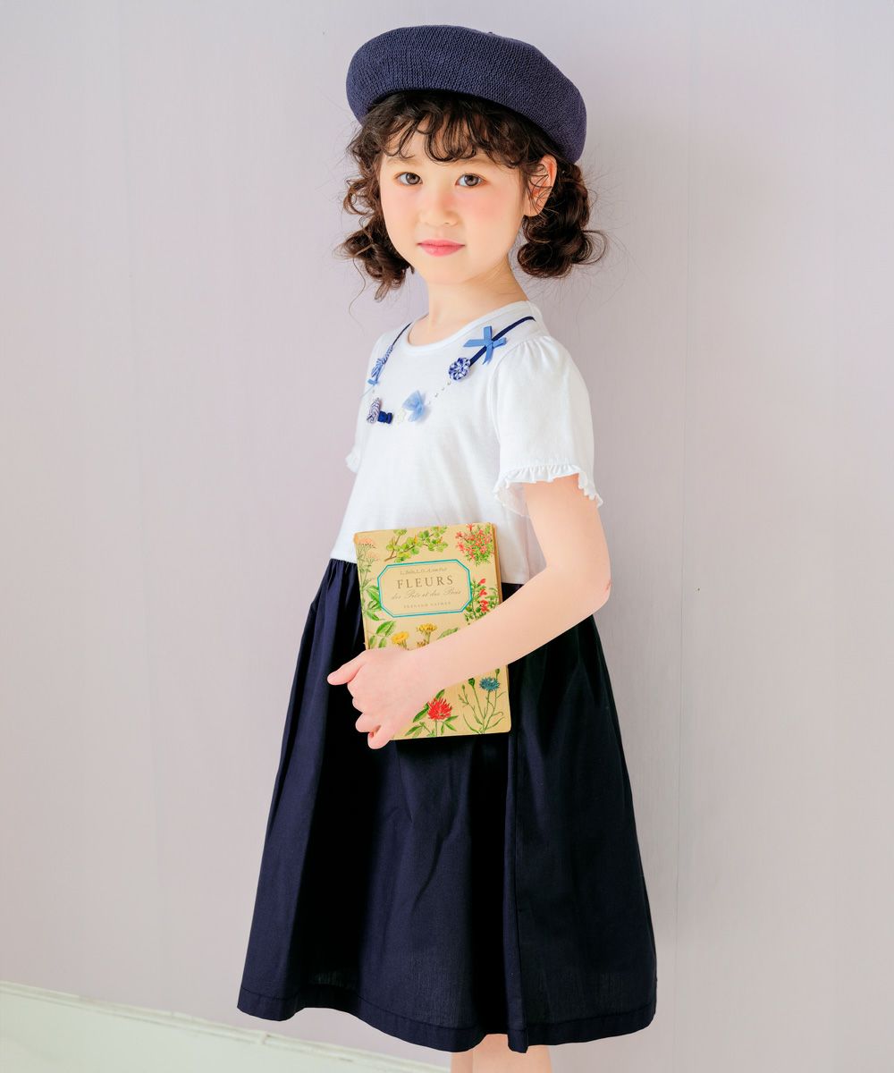 ベビー服 女の子 リボン お花  フリル 半そで  ドッキングワンピース ネイビー(06) モデル画像全身