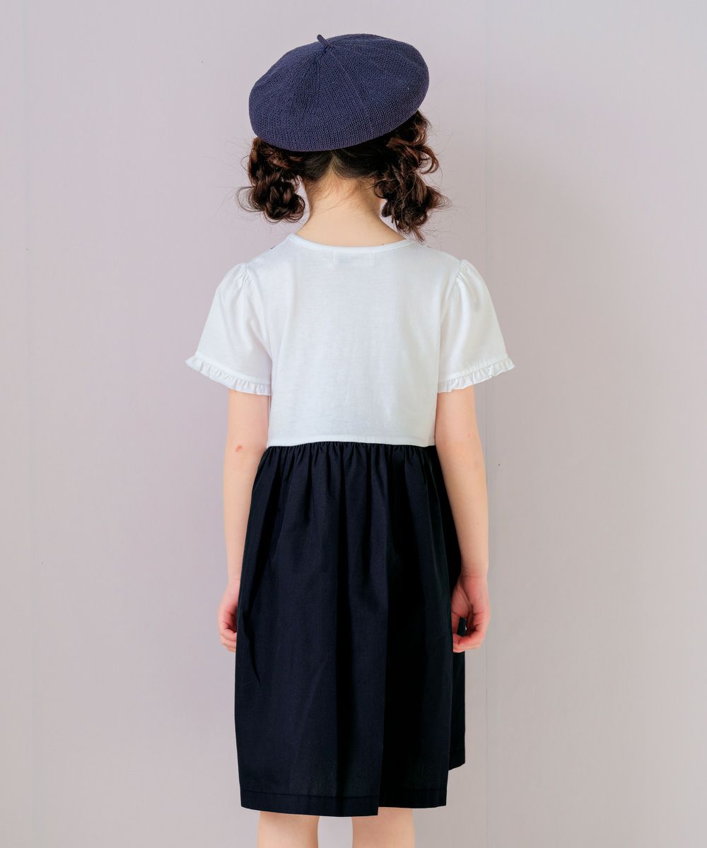 ベビー服 女の子 リボン お花  フリル 半そで  ドッキングワンピース ネイビー(06) モデル画像2