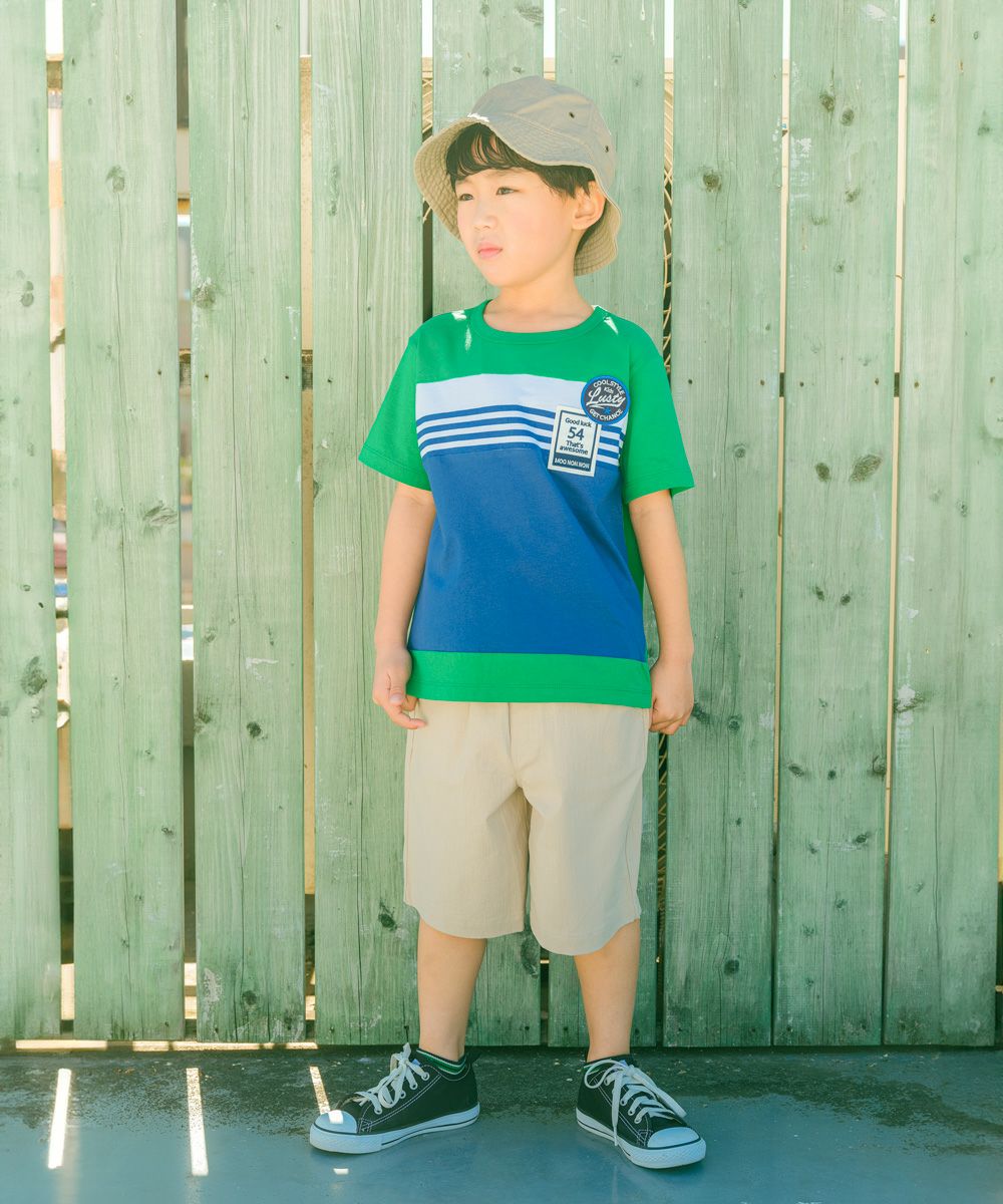 子供服 男の子 綿100％ ボーダー  刺繍 ワッペン Tシャツ グリーン(08) 