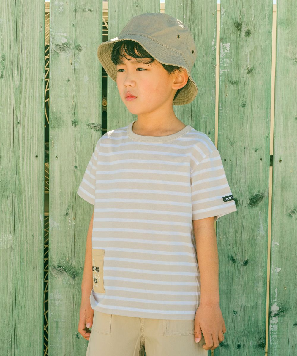 ベビー服 男の子 綿100％ ボーダー 飛行機 刺繍ポケット Tシャツ ベージュ(51) 