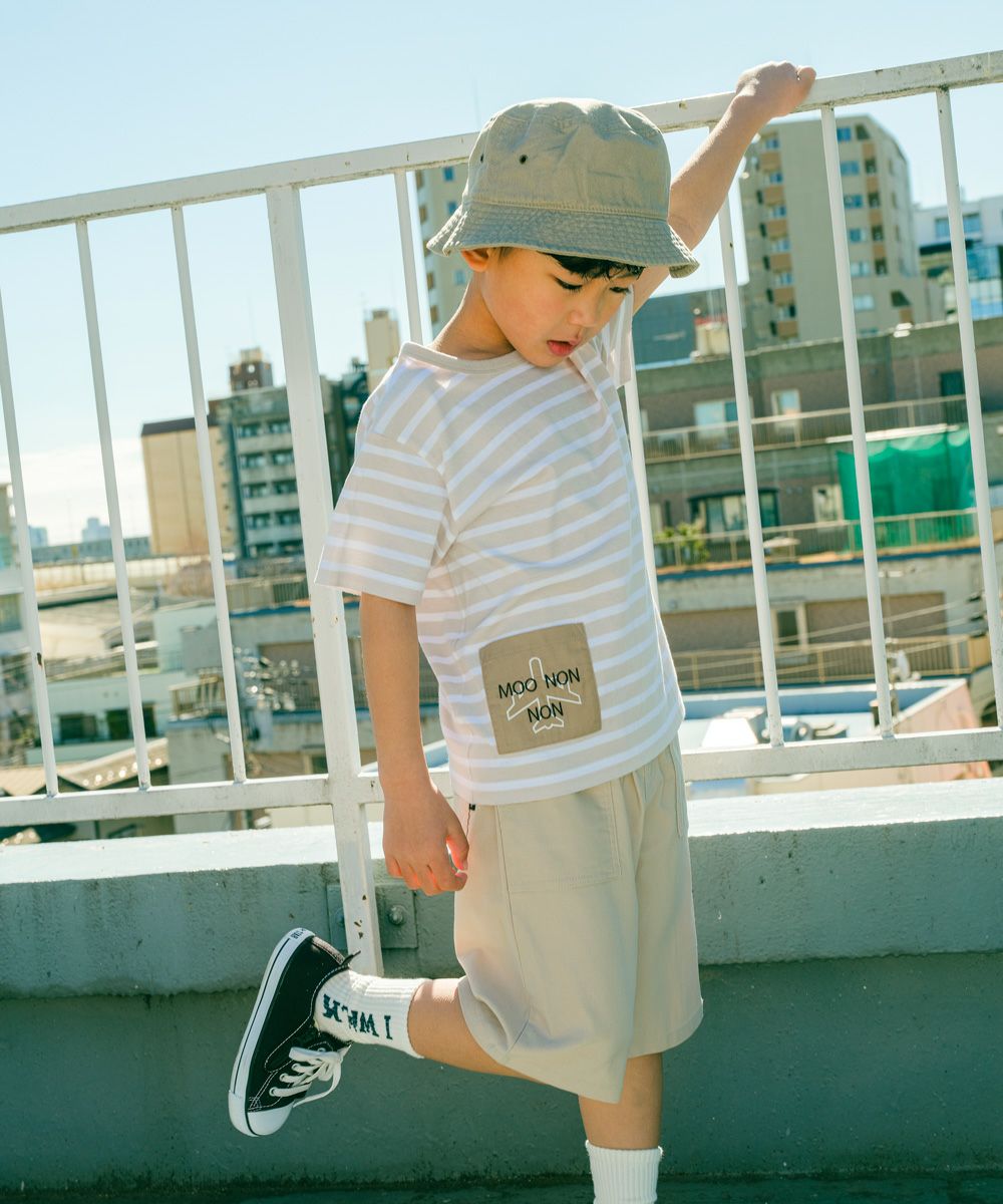 ベビー服 男の子 綿100％ ボーダー 飛行機 刺繍ポケット Tシャツ ベージュ(51) 