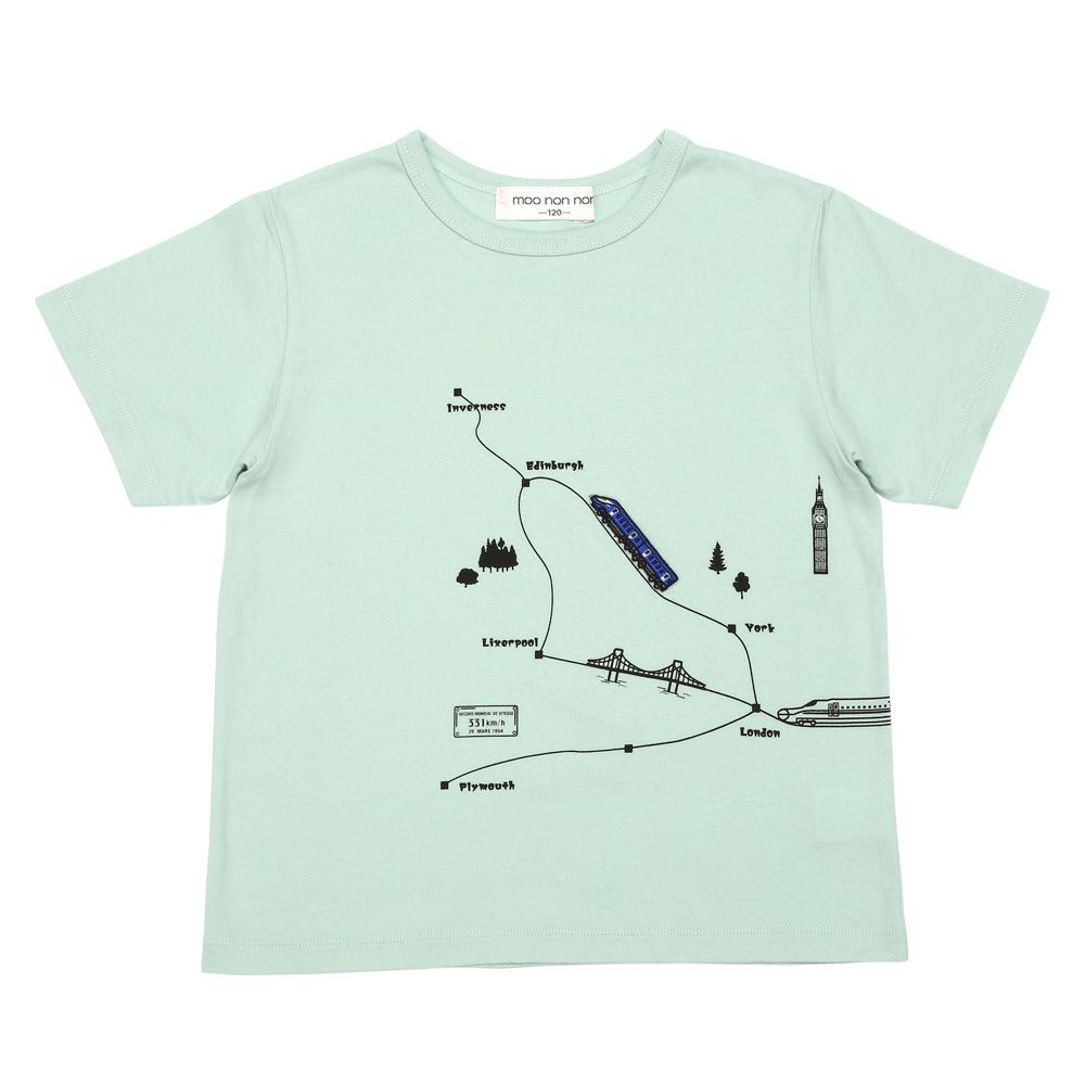 ベビー服 男の子 綿100％ イギリス風モチーフ 電車 Tシャツ グリーン(08) 正面