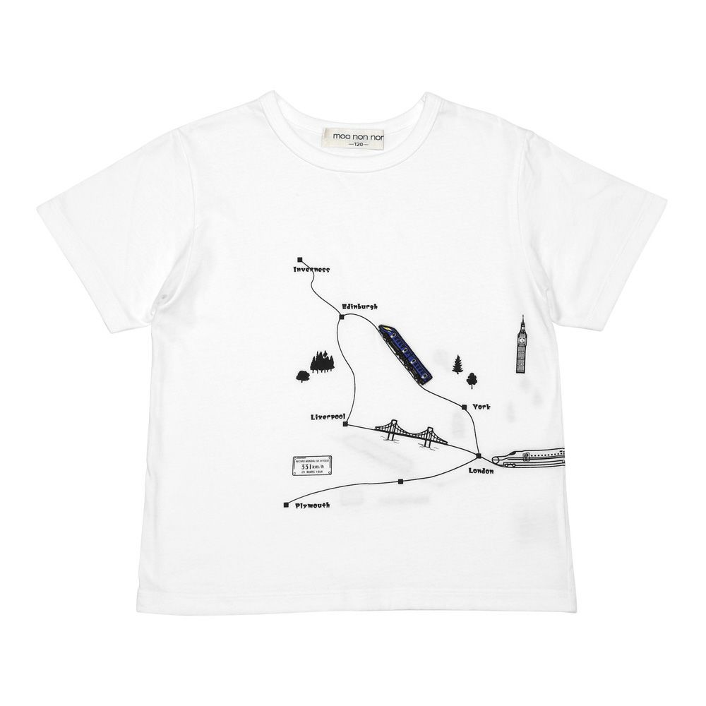 ベビー服 男の子 綿100％ イギリス風モチーフ 電車 Tシャツ オフホワイト(11) 正面