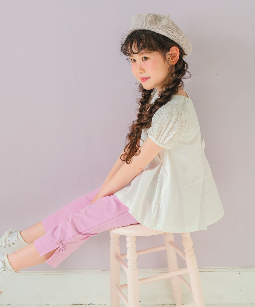 ベビー服 女の子 バックリボン お花レース 切替 Tシャツ オフホワイト(11) モデル画像2