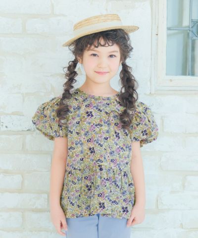 子供服 女の子 花柄 リボン 取り外し バルーン袖 Tシャツ