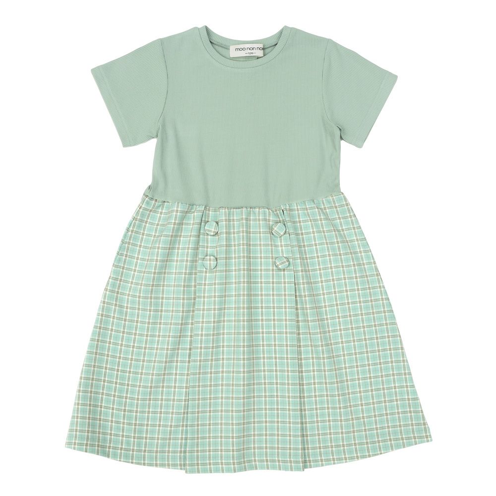 子供服 女の子 チェック柄＆飾りボタン付き　ワンピース グリーン(08) 正面