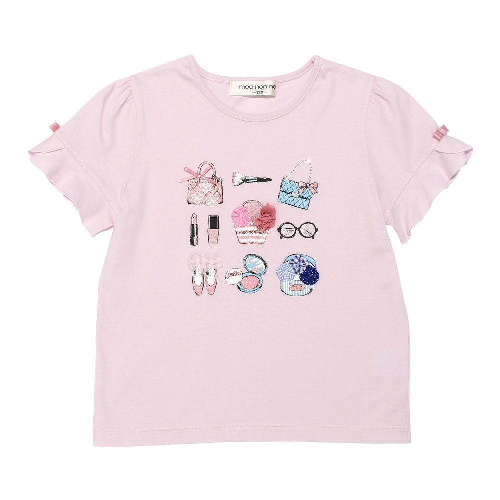 子供服 女の子 綿100％ 小物モチーフ 裾フリル Tシャツ ピンク(02) 正面